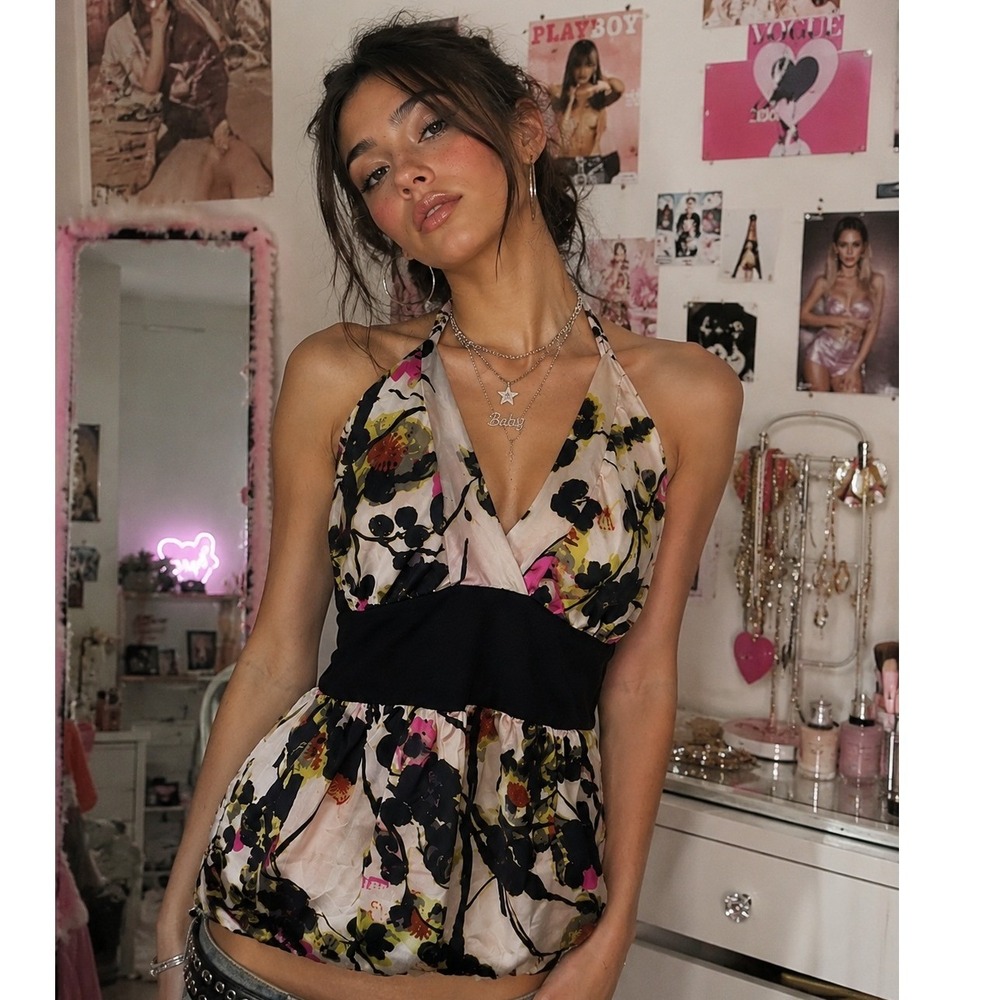 100% silk empire waist halter top size M